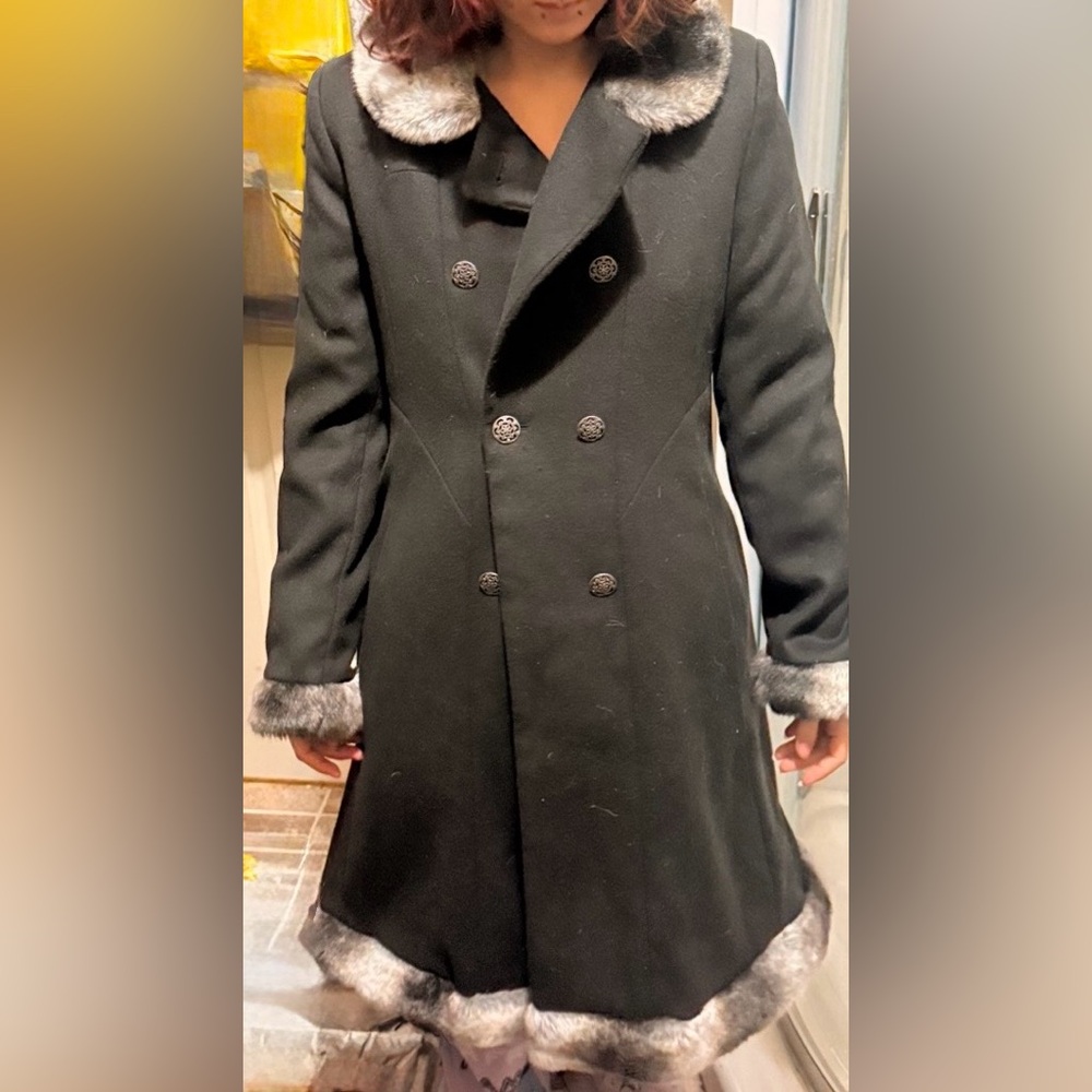 Vintage Rothschild Black Winter dress Pea Coat with Gray Fur Trim - Picture 9 of 11